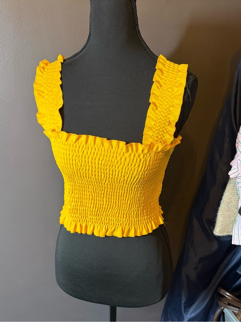 SHEIN Yellow Smocked Ruffle Strap Crop Top